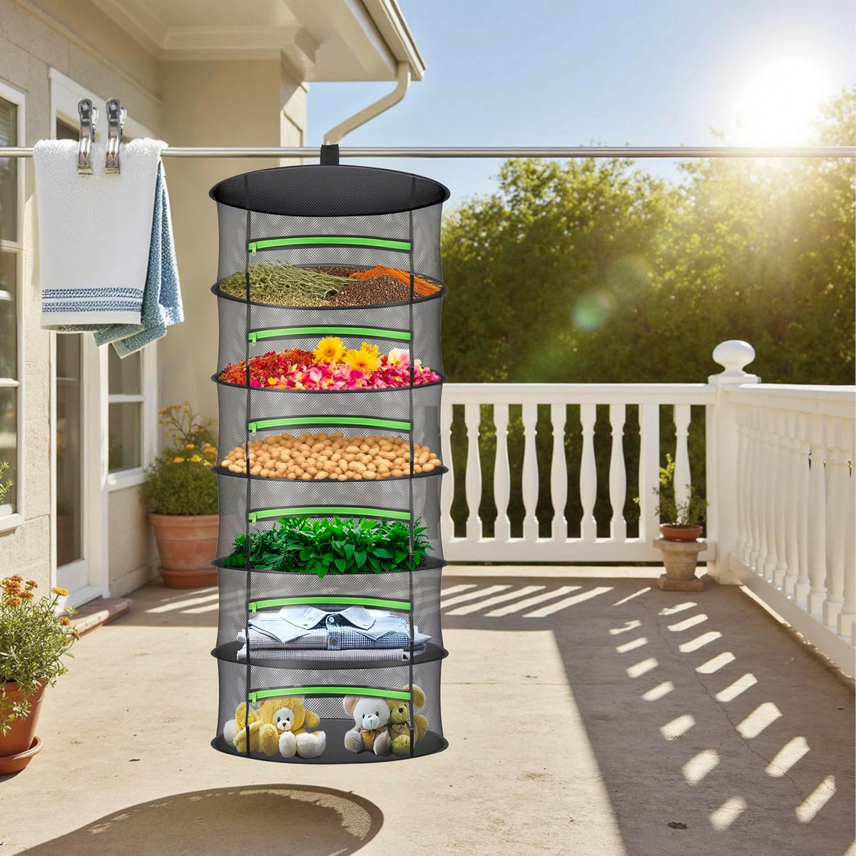 Herb Drying Rack with Mesh Design - Hanging Herb Dryer with Green Zipper for Garden, Home, Indoor or Outdoor Use (6layer)
