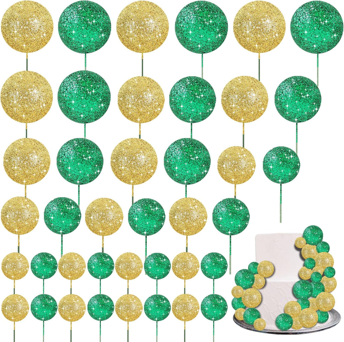 BEISHIDA 40 Pcs Ball Cake Toppers Mini Balls Cake Decorations Green Gold Foam Balls Sticks DIY Cake Topper for Baking Congrats Grade 2025 Graduation Birthday St Patrick's Day Decorations (Green Gold)