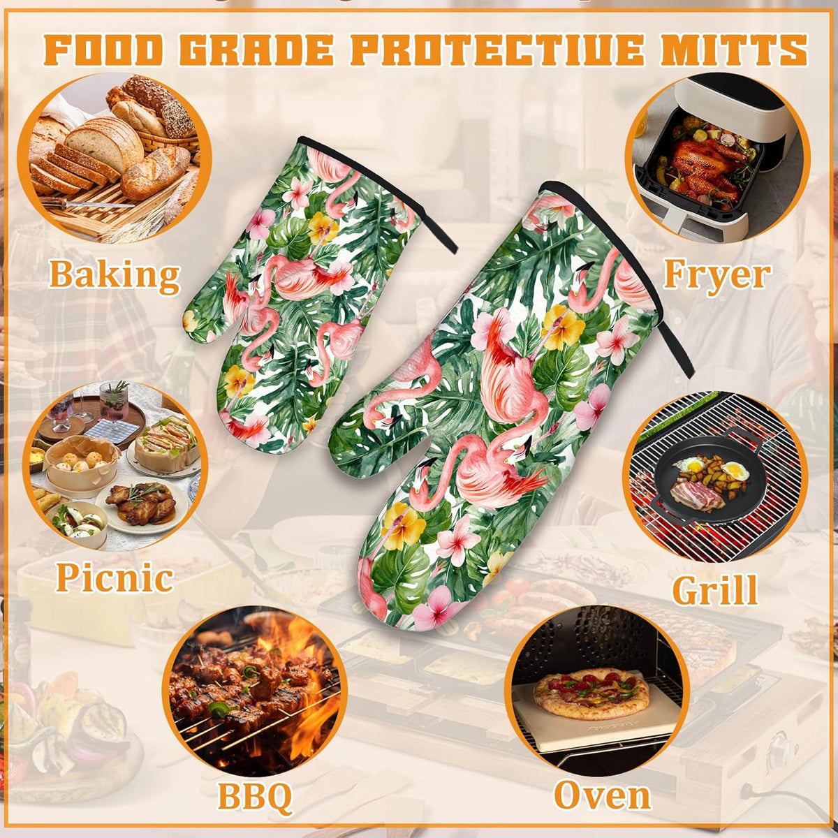 Palm Leaf Oven Mitts and Pot Holders Set,Flamingo Tropical Kitchen Oven Gloves and Pot Holder with Heat Resistant Non Slip for Cooking Baking Grilling(4 Piece Set)