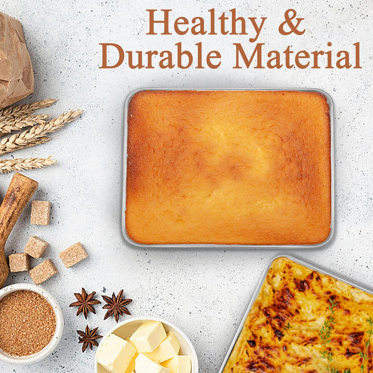 LIANYU Baking Pan Set of 2, 12⅓ x 9¾ x 2 Inch Cake Lasagna Brownies Casseroles Pan, Rectangle Stainless Steel Bakeware Set for Baking Roasting Toaster Oven, Dishwasher Safe