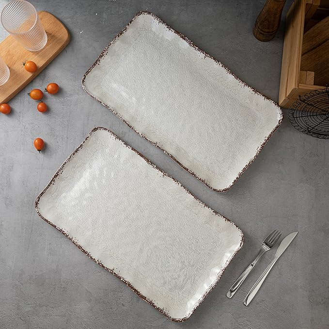 LEHAHA Farmhouse Large Serving Platters, 2 Piece Melamine Dinnerware Set, 17.5 x 10 Inches Vintage Serving Tray, Rectangle White Rustic Trays Set of 2