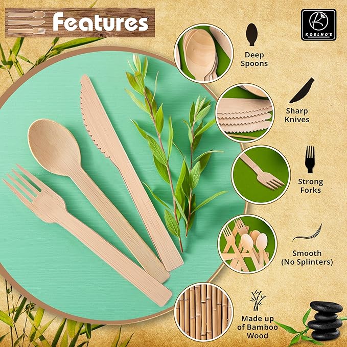 KOELHO'S Pre-Rolled Bamboo Cutlery Set 48-Pack 192 PCS | Bamboo Disposable Utensils 100% Biodegradable and Eco-Friendly | Wood Cutlery Set for Parties, Weddings, and Events