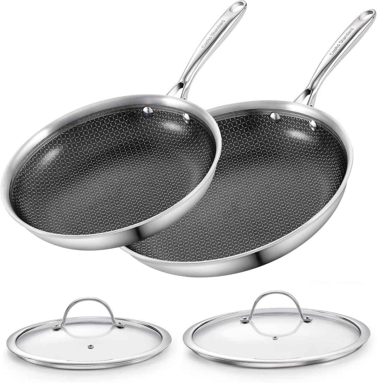 Cooks Standard Hybrid Nonstick Frying Pan Set, 10 and 12-Inch Multi-Ply Clad Stainless Steel 2 Piece Skillet with Tempered Glass Lids, Oven Safe, Compatible with All Stovetops