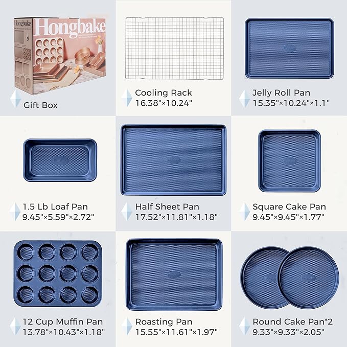 HONGBAKE 9-Piece Baking Pans Set Nonstick, Stackable Non Toxic Bakeware Sets with Diamond Texture, Oven Pan Set for Cooking, Includes Cookie Sheet with Rack, Cake Pan, Roasting Pan, Muffin Tin, Blue