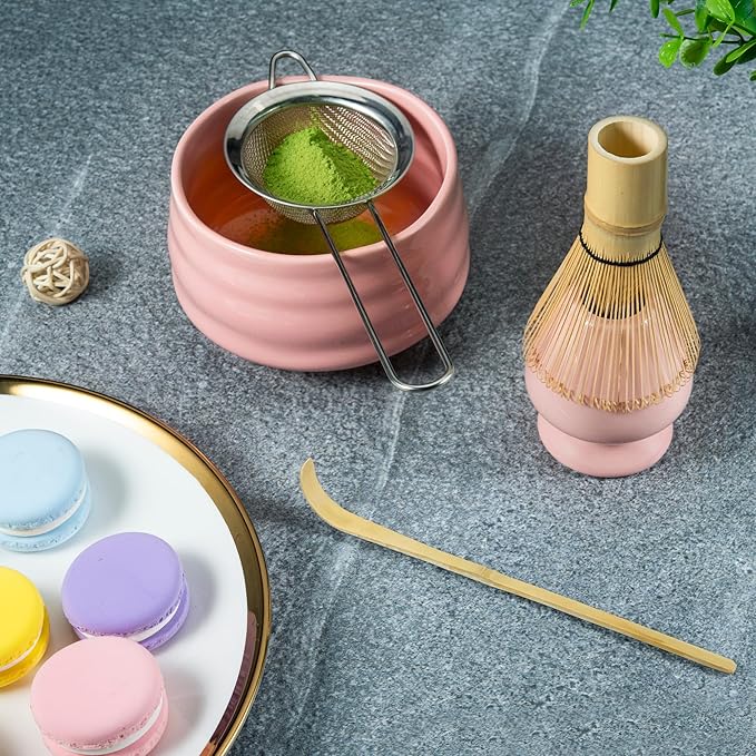 Matcha Whisk Set- Matcha Set includes Matcha Bowl, Sifter, Holder and Scoop- The Perfect Bamboo Whisk for Matcha Tea (Pink)
