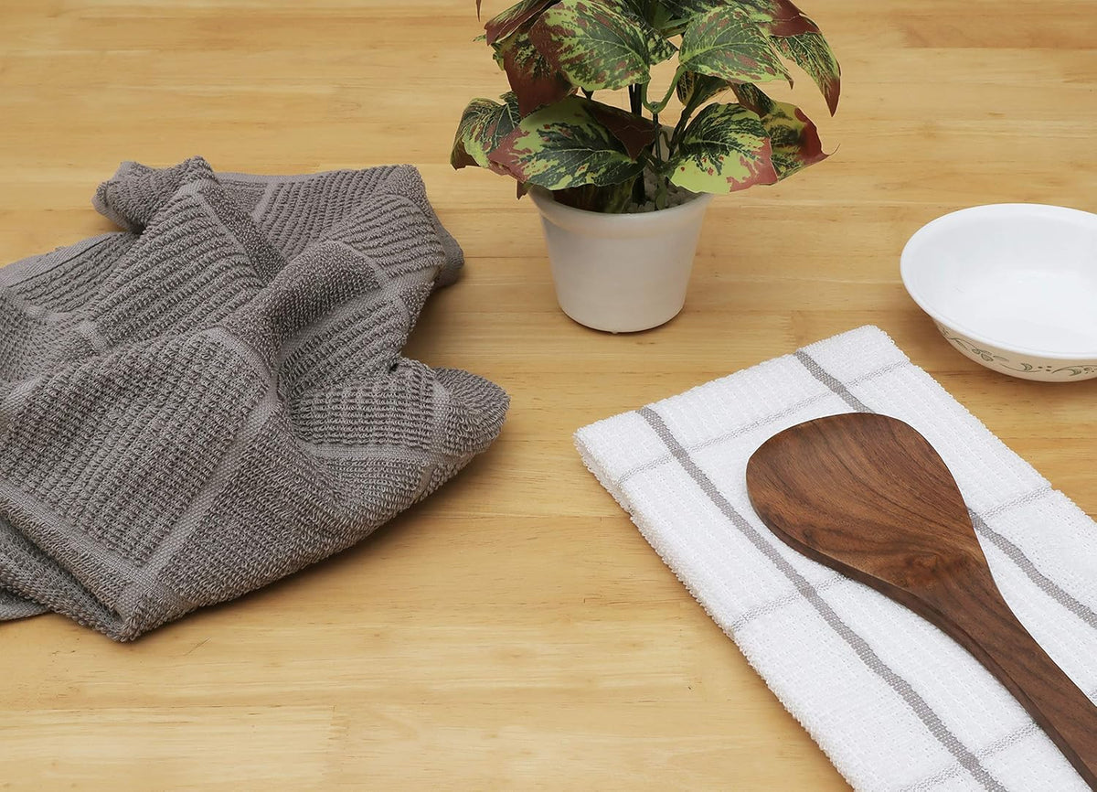 AMOUR INFINI Kitchen Towels Pack of 4 Absorbent, Quick Drying Premium Terry Cotton Dish Towel with Hanging Loop 16x28 Inch Hand & Tea Towels (L.Grey)
