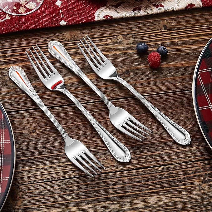KEAWELL Pearl Edge 4-Piece Premium Fork Set, 18/10 Stainless Steel, Fine Silverware with Mirror Finish, Dishwasher Safe (4, 7.3" Salad Forks)
