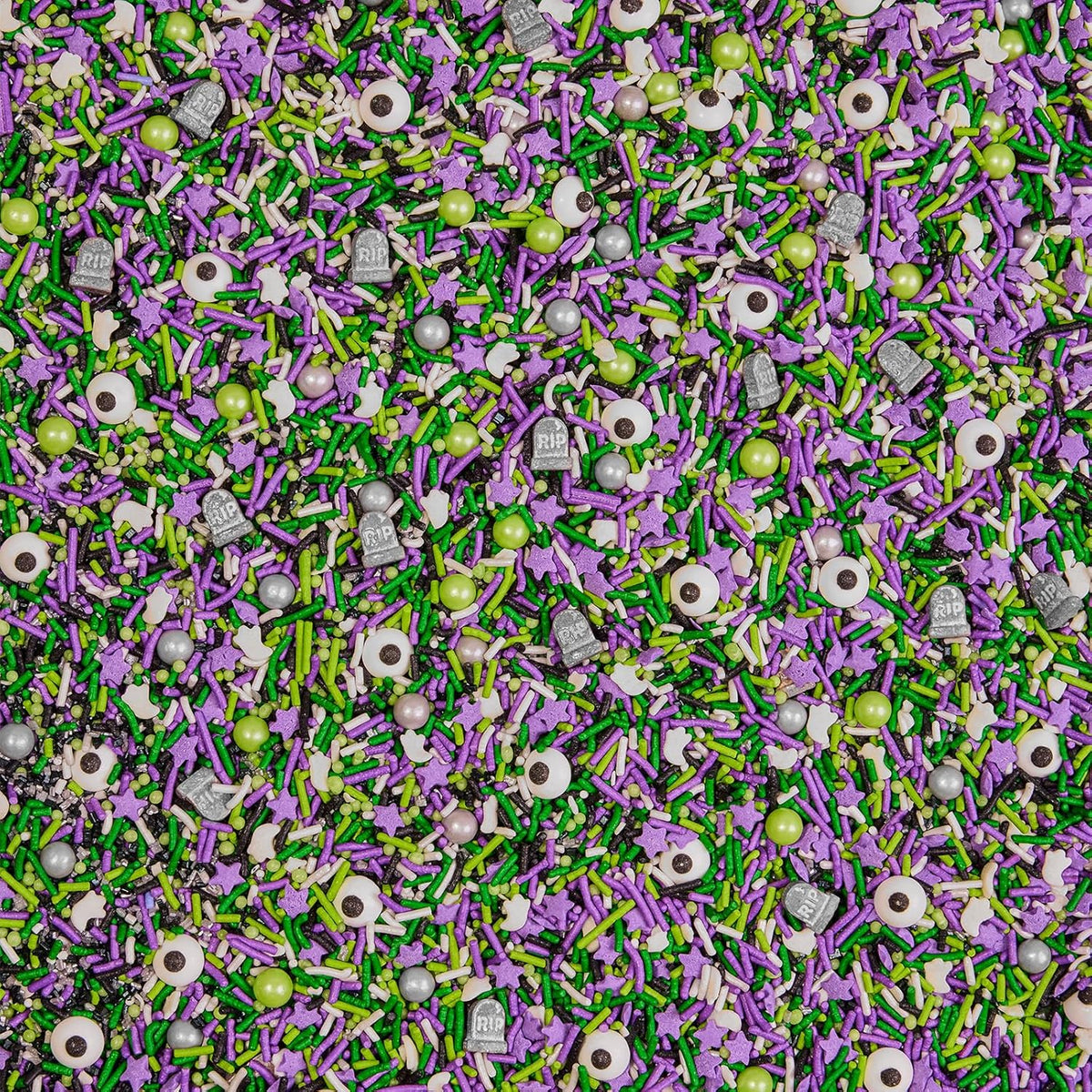 Fancy Sprinkles Limited Edition Halloween Graveyard Shift Purple and Green Crunchy Sprinkles, Plus Candy Eyeballs, Ghostly Confetti, and Eerie Tombstone Shapes (0.5c)