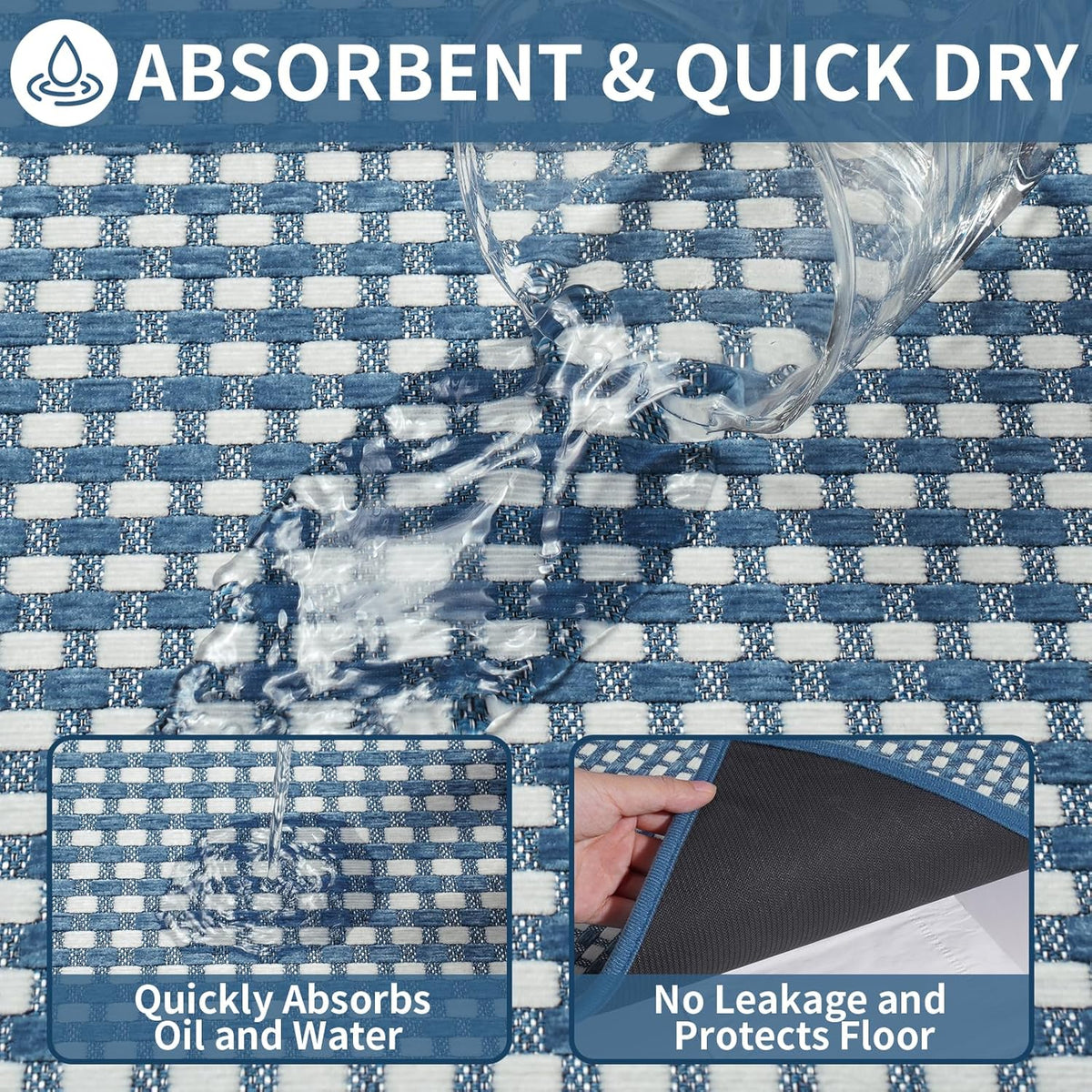 Kitchen Mat Kitchen Rugs Sets of 2 PCS Non Slip Washable, Super Absorbent Soft Braided Kitchen Mats for Floor, Rubber Backing Comfort Standing Kitchen Sink Mat Runner Rug, Blue 17"x28"+17"x59"