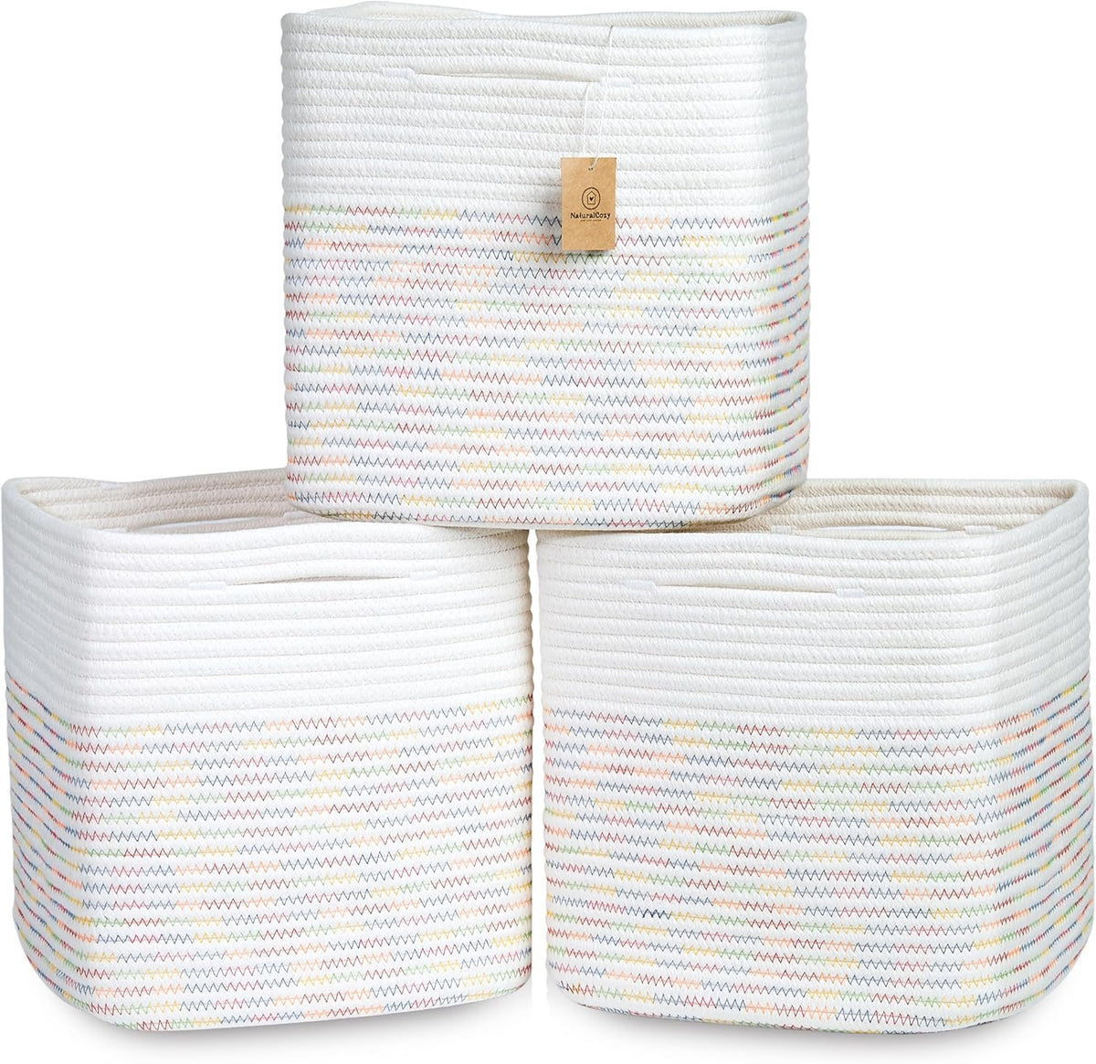 NaturalCozy 13 Inch Cube Storage Bins Cotton Rope Woven Baskets for Organizing 3-Pack | 13 x 13 Storage Cubes | Fabric Square Storage Baskets for Shelves Organizer, Kids Toy Bins, Closet Baby Nursery