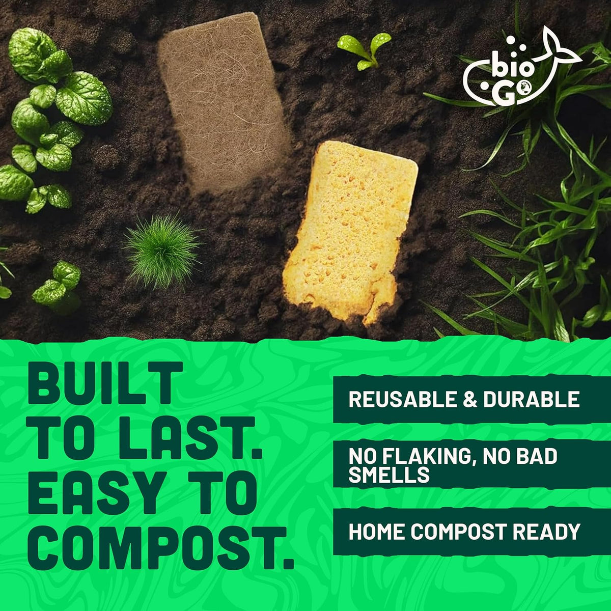 bioGo 12 Pack Biodegradable Kitchen Sponges - Eco-Friendly, Compostable, Natural Cellulose Dish - Compostable - Biodegradable - Cellulose Sponge