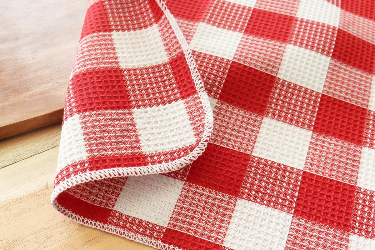 PurpleEssences Waffle Weave Plaid Dish Cloths, 100% Cotton - 12 x 12 Inches, Ultra Soft Absorbent Quick Drying Dish Towels Buffalo Check Dish Rags for Kitchen, 8 Pack - Spring Summer - Red & White