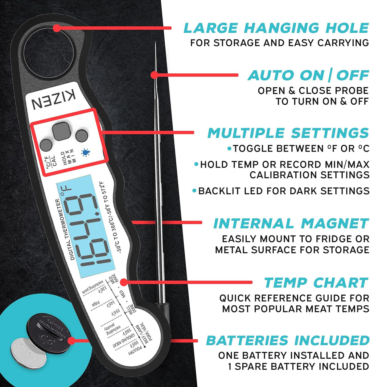 Kizen Instant Read Meat Thermometer Digital - Food Thermometer for Cooking, Grill, Oven, BBQ - Waterproof and Backlit Display - Kitchen Gadgets