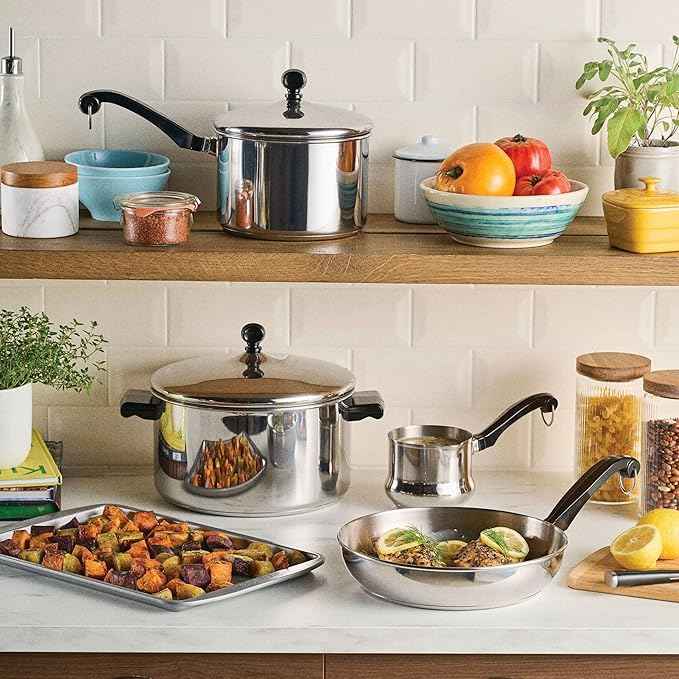 Farberware Classic Series Stainless Steel Pots and Pans with Baking Sheet Pan, Cooking Tools, and Lids, Induction Ready, Dishwasher Safe, 10 Piece Cookware Set, Metal Utensil Safe - Stainless Steel