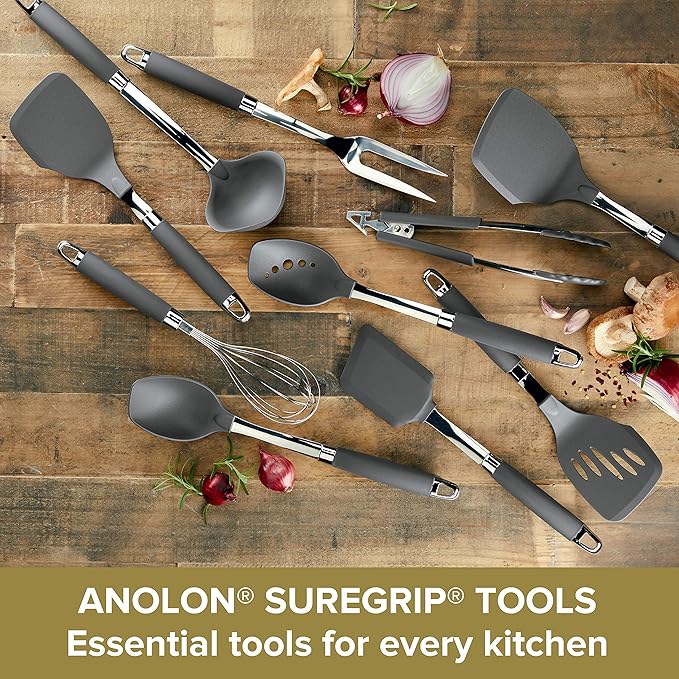 Anolon SureGrip Dishwasher Safe Nonstick Locking Cooking Tongs Set/Salad Serving Tools, 9 Inch and 12 Inch, Graphite Gray