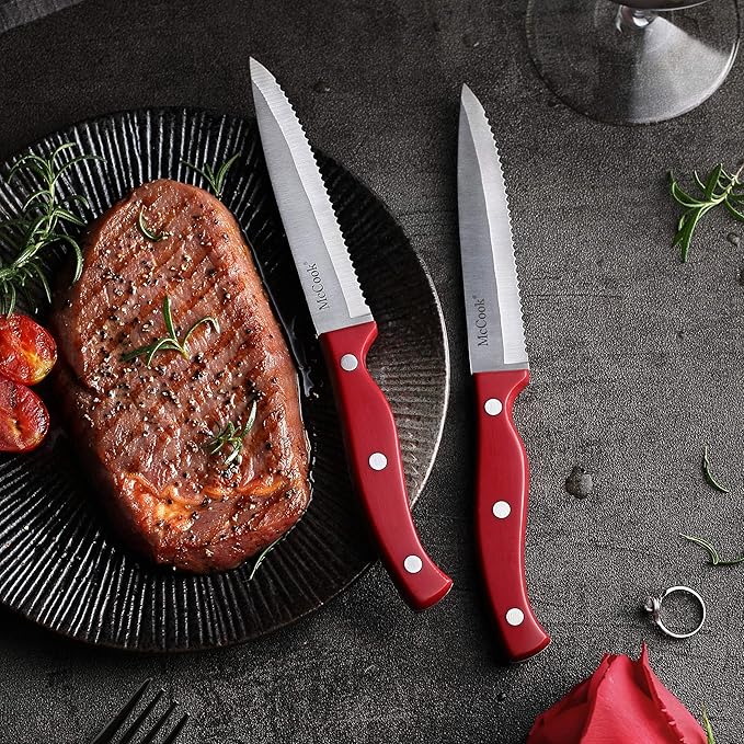 McCook® Stainless Steel Kitchen Knife Sets with Wooden Block, Kitchen Scissors and Built-in Sharpener, Red