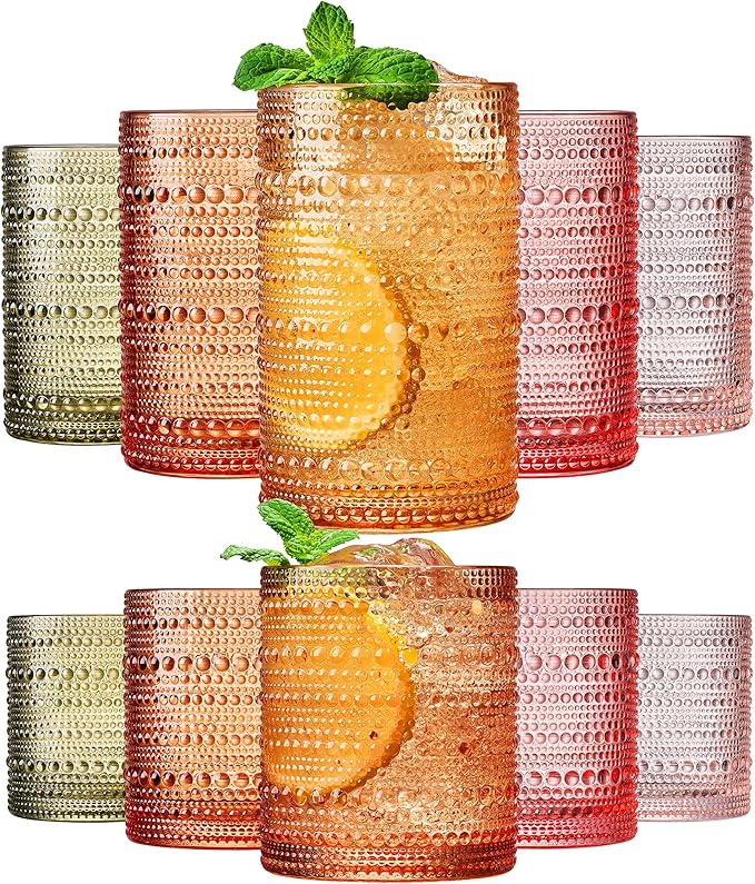 Hobnail Beaded Highball Drinking Tumbler Glasses | Set of 10 | Color, Vintage Bubble Design Whiskey Glassware, Old-Fashioned, Embossed Design, Water, Wine, Cocktail Embossed Heavy Glass, Rocks Glass