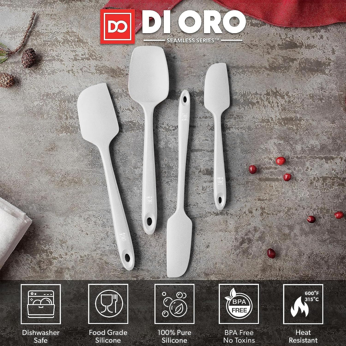 DI ORO Silicone Spatula Set - Rubber Kitchen Spatulas for Baking, Cooking, & Mixing - 600°F Heat-Resistant & BPA Free Silicone Scraper Spatulas for Nonstick Cookware - Dishwasher Safe (4pc, Stone)
