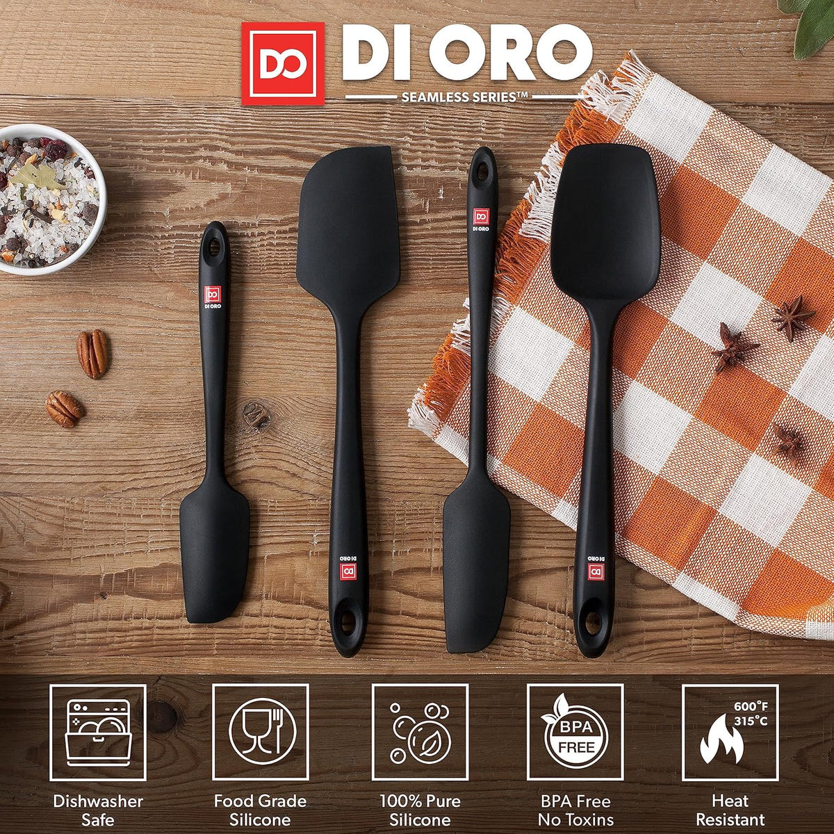 DI ORO Silicone Spatula Set - Rubber Kitchen Spatulas for Baking, Cooking, & Mixing - 600°F Heat-Resistant & BPA Free Silicone Scraper Spatulas for Nonstick Cookware - Dishwasher Safe (4pc, Black)