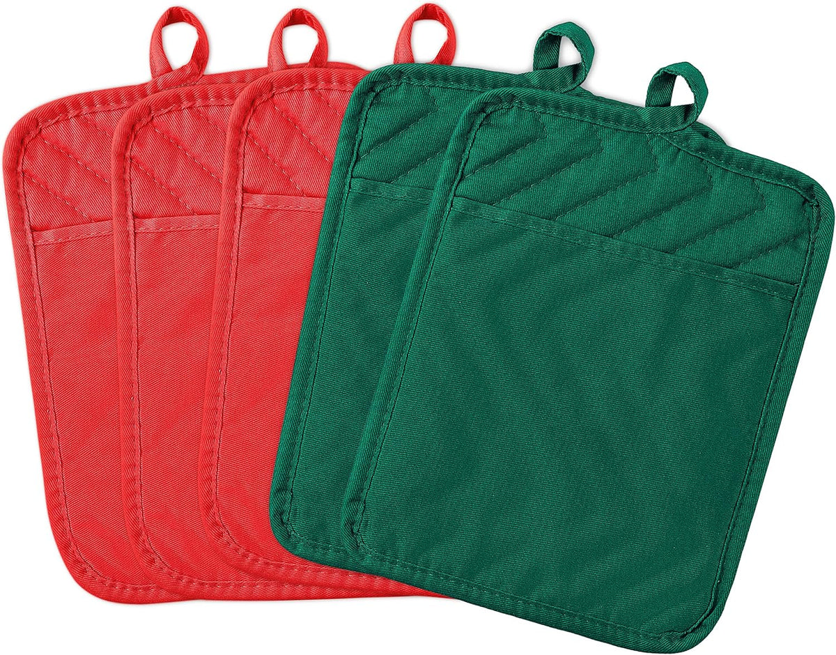 GROBRO7 5Pack Pot Holders for Kitchen Heat Resistant Cotton Potholder Multipurpose Hot Pads Machine Washable Oven Mitts with Pocket Potholders for Baking and Cooking 8.9 x 6.9 in Red Green