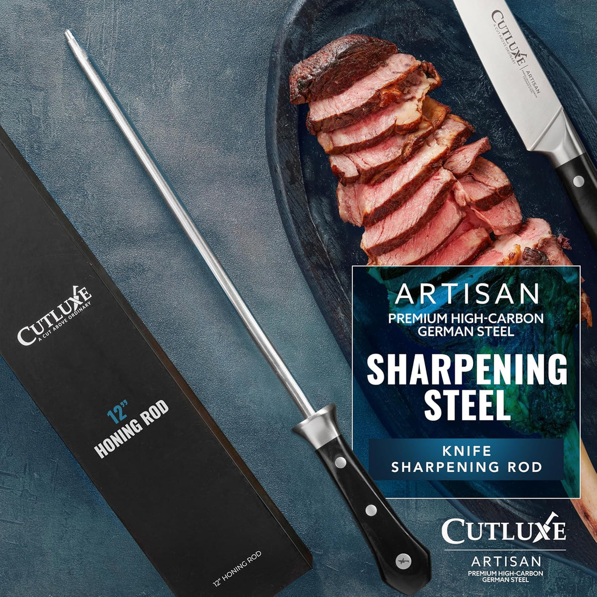 Cutluxe Honing Rod, Sharpening Steel for Kitchen Knives – 12" Honing Steel – Ergonomic Handle Design – Artisan Series
