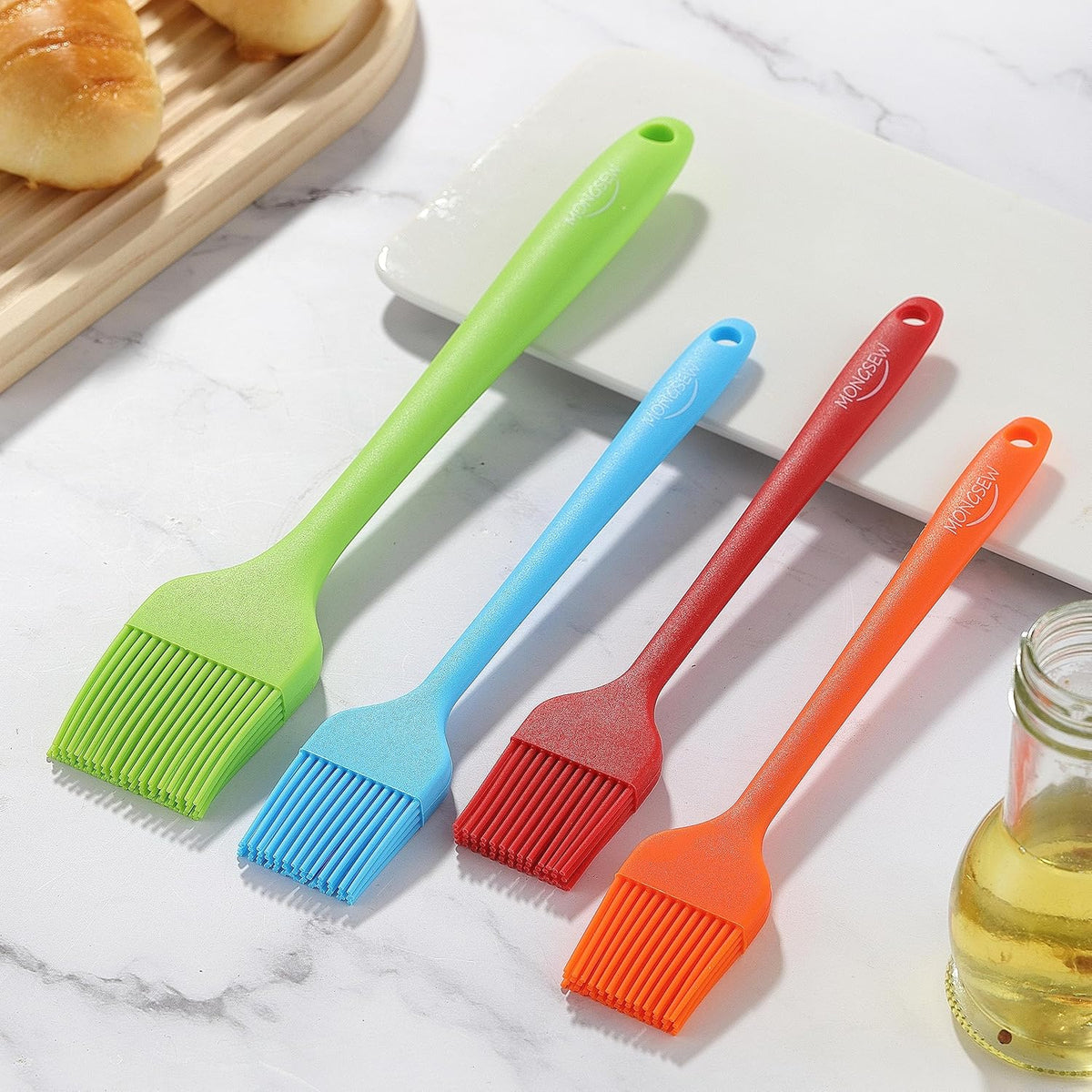 4PCS Silicone Basting Pastry Brush, MONGSEW Heat Resistant Food Brush Spread Oil Butter Sauce for BBQ Grill Baking Kitchen Cooking, BPA Free, Dishwasher Safe (Multicolor, 4 Pcs)